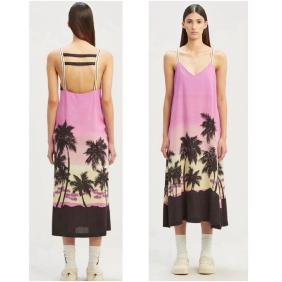 Palm Angels Pink Sunset Satin Slip On Palm Print Midi Slit Logo Dress Size 4 NEW - Picture 7 of 14